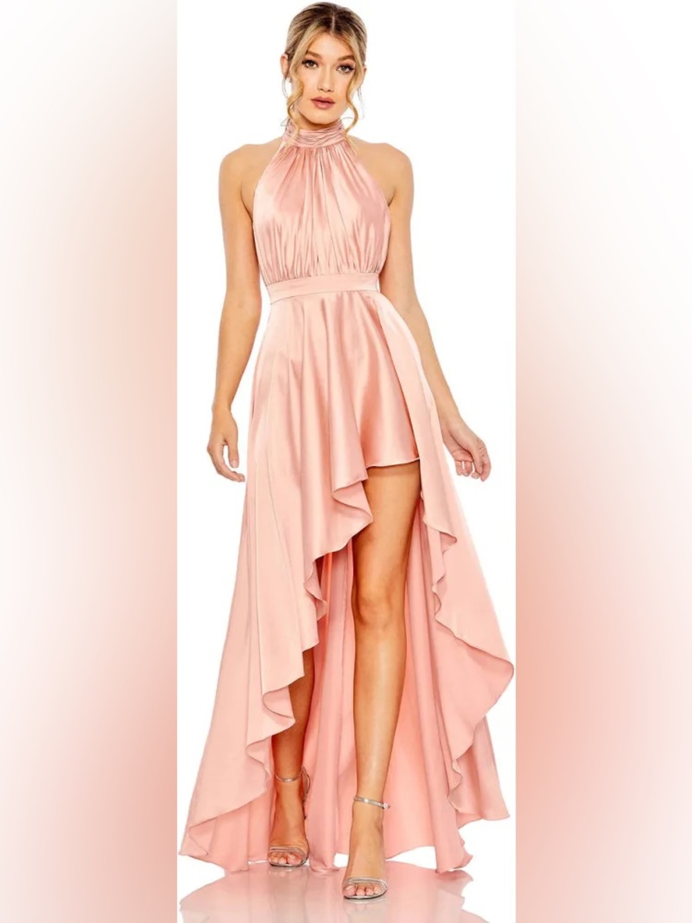 NWT Mac Duggal 49664 Rose Pink Satin Halter High Low Ruffle Gown Size 2